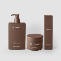 Kit The Repair Reset com shampoo hidratante, máscara e hair repair spray da Theoric